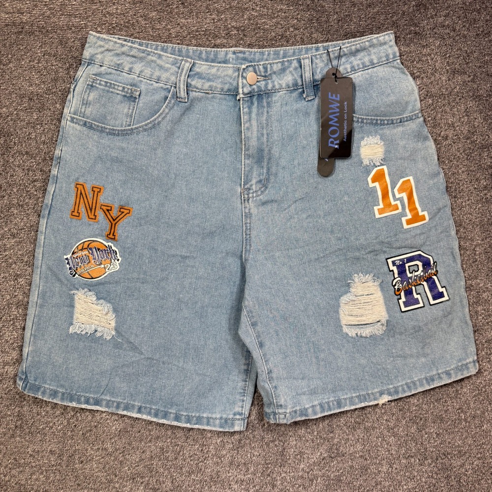 Romwe Jean Shorts Womens XL Light Wash Varsity Patch Distressed Basketball NY
